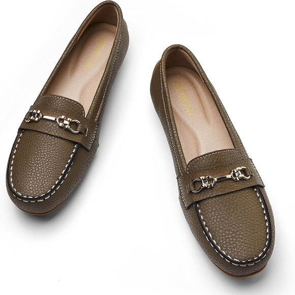 Kordal Women's Light GrLeather Gold Accent Buckle Slip-Ons Walking Flats Loafers - Picture 9 of 9